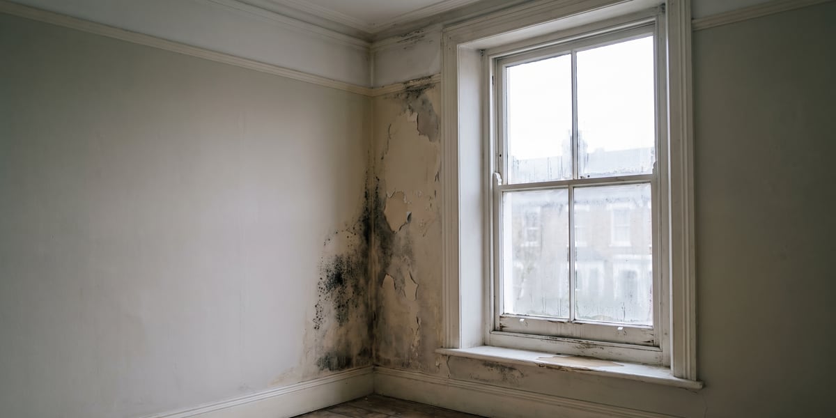 Landlord and Tenant Act 1985 repair responsibilities, damp and mould on the wall of a London period conversion beside a timber sash window